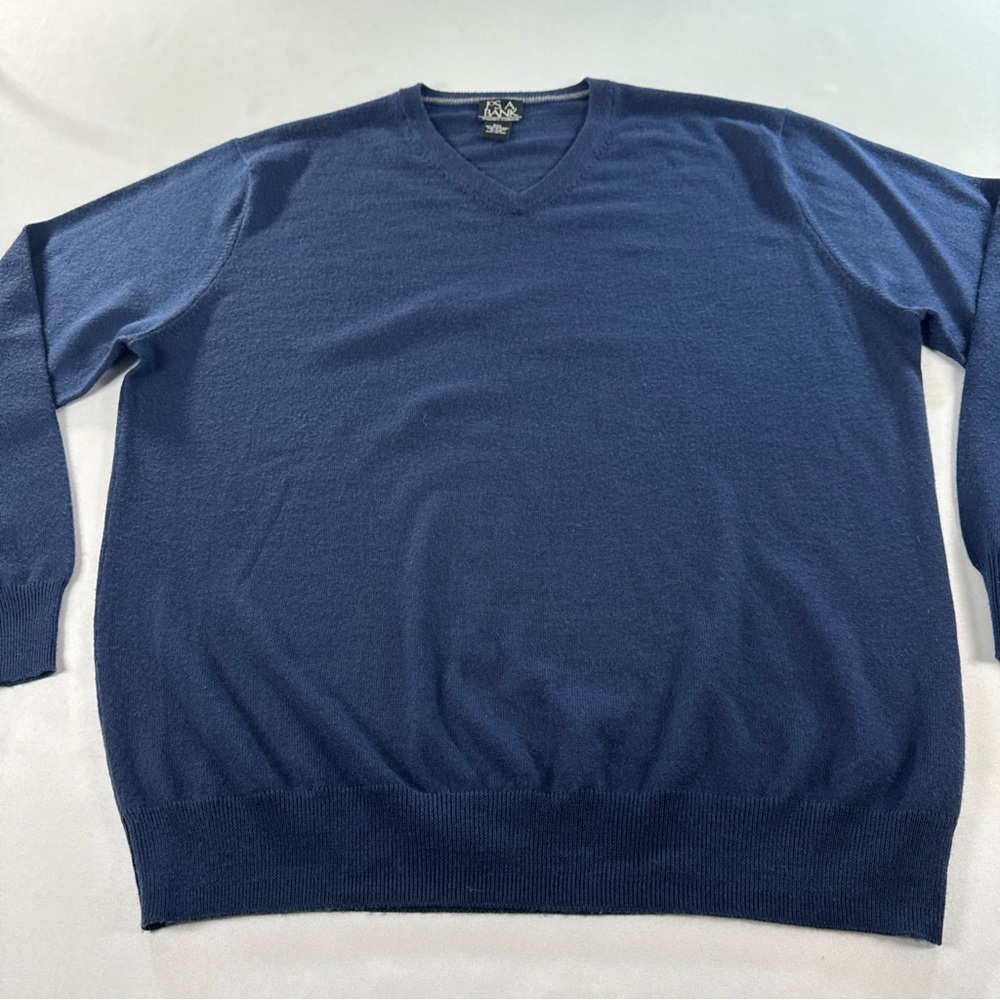 Jos A Bank Sweater Mens XXL Blue 100% Merino Wool V Neck Travelers Collection - Picture 2 of 8